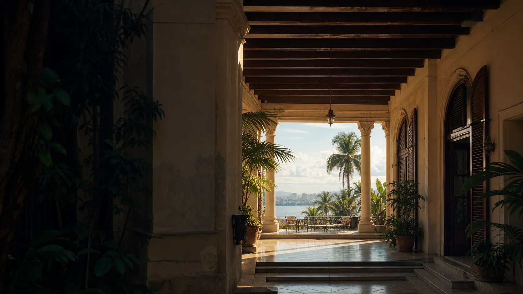 Galería porticada de una residencia restaurada en La Habana